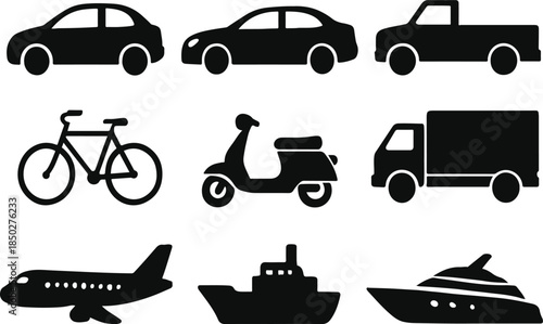 Collection of nine black silhouette icons representing various modes of transportation including cars bicycle scooter truck plane ship and yacht