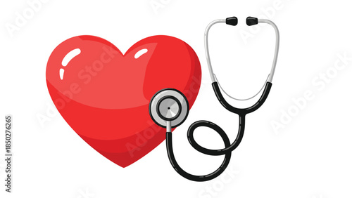 Vivid red heart symbol placed alongside a classic black and silver stethoscope, representing cardiology, healthcare, love, and the importance of heart health and medical care.