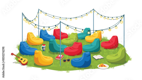 Cozy outdoor cinema or gathering space illuminated by string lights, featuring numerous colorful bean bag chairs arranged on green grass, with snacks and a guitar, suggesting a relaxed social event.