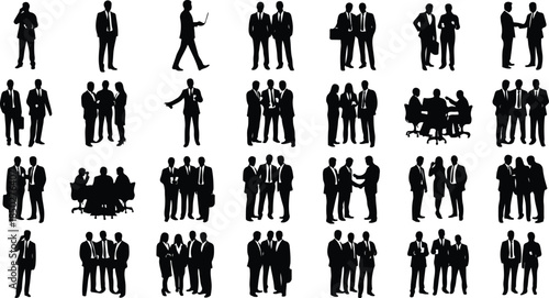 Collection of black silhouette icons depicting diverse business people in various professional poses and group interactions for corporate design