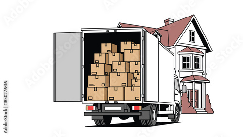 Large white moving truck with its back door open, revealing a stack of cardboard boxes, positioned in front of a residential house, symbolizing relocation, delivery, and logistical services.