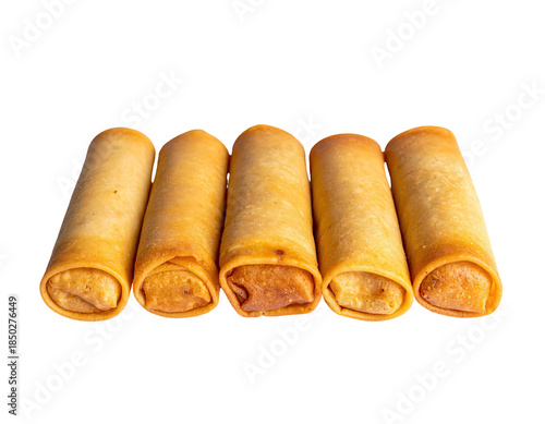 Five golden-brown, cylindrical appetizers against a black backdrop, close-up, delicious-looking