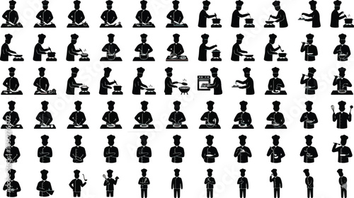 Collection of black and white chef icons illustrating various cooking tasks like chopping stirring frying and plating food professionally