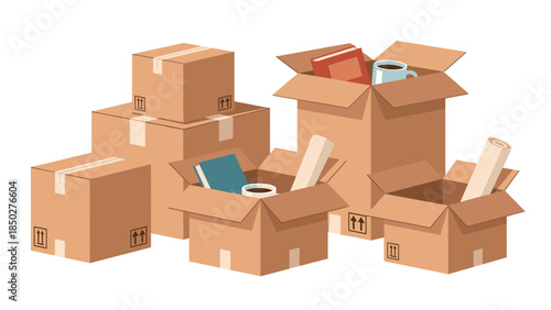 Assortment of open and closed cardboard moving boxes, some filled with household items like books and mugs, symbolizing packing, relocation, and the process of moving to a new home or office.