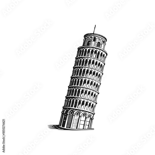 The Leaning Tower of Pisa in Italy. Black white vector illustration.