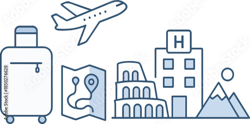 Collection of blue line art travel icons featuring a suitcase airplane map hotel and famous landmark for vacation planning