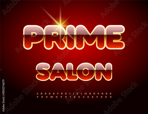 Vector Chic logo Prime Salon. Trendy Digital Font. Glossy Red and Golden Alphabet Letters and Numbers set