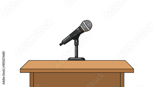 Professional gray microphone on a black stand placed on a wooden table, representing public speaking, presentations, interviews, and audio recording for various events and media.