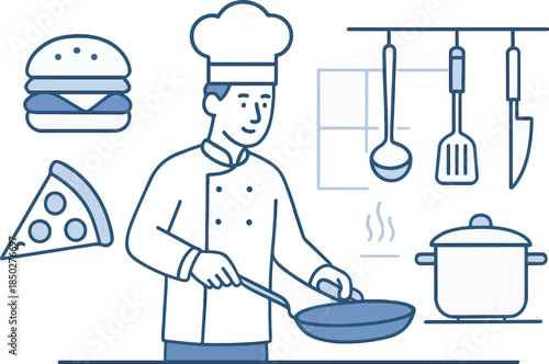 Professional chef cooking in kitchen preparing fast food like burger and pizza with hanging utensils and cooking pot illustration