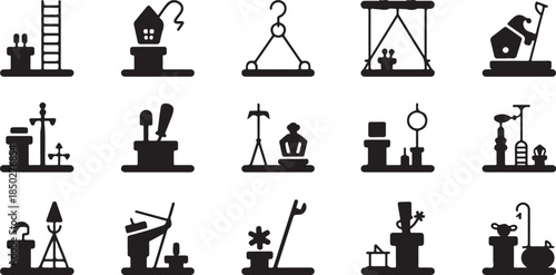 black construction tools and equipment icons on white background