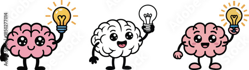 Cartoonish brain lightbulb idea concept, creative thinking process, and innovation metaphor for your project with design
