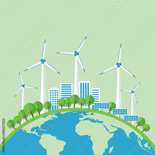Stylized eco-city illustration with solar panels, wind turbines, and green buildings promoting renewable energy and sustainable urban development