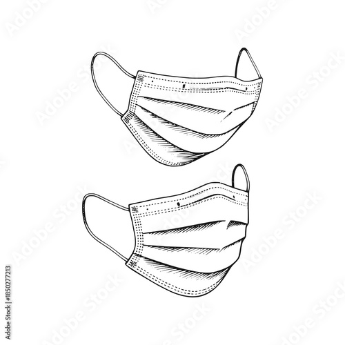 Medical mask set. Black white vector illustration.