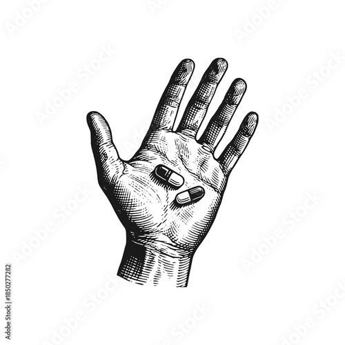 Two pills in hand. Black white vector illustration.