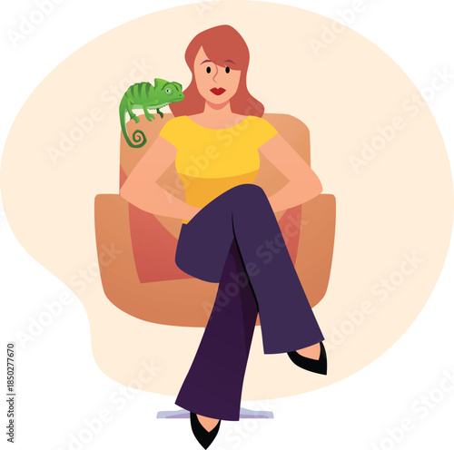 Woman sits in armchair with iguana, exotic guana pet with owner, cartoon tropical lizard, chameleon, animal flat vector