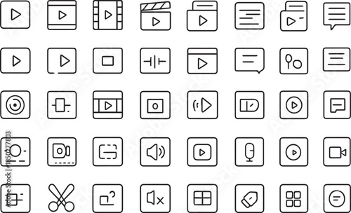Collection of minimalist black and white outline icons representing various media player controls editing tools and communication symbols for web design