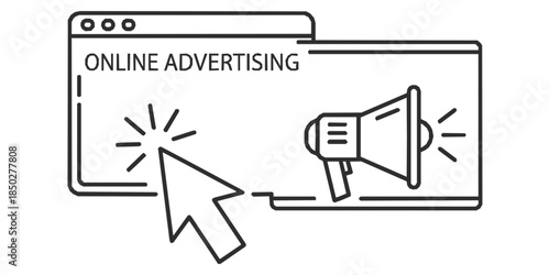 Line art illustration depicting online advertising with a browser window, mouse cursor click, and a megaphone icon, symbolizing digital promotion and user interaction.