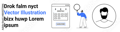 Calendar with Subscribe button, person holding balloon, and profile icon. Ideal for subscription, scheduling, planning, personal management, user engagement, interface design simple landing page