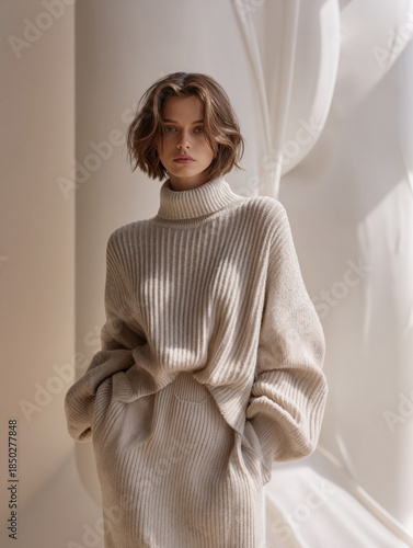 Young woman with short wavy hair wearing a stylish oversized beige knit turtleneck sweater in a minimalist studio setting with soft natural light.