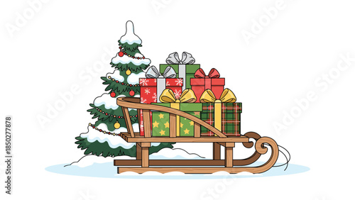 Festive wooden sleigh laden with colorful wrapped Christmas gifts, positioned beside a snow-covered evergreen tree, evoking the joyful spirit of holiday giving and winter celebrations.