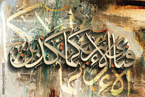 Surah Al-Rahman fabi ayyi ala i rabbikuma tukazziban wall art calligraphy. vector stock wallart illustration. Interior Aayat calligraphy artwork