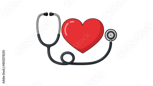 Iconic red heart symbol artfully intertwined with a black stethoscope, representing cardiology, medical care, and the vital importance of monitoring and maintaining heart health.
