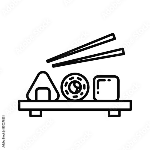 Japanese food on wooden tray with chopsticks