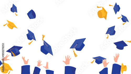 Multiple blue and gold graduation caps joyfully thrown into the air by unseen hands, symbolizing the exhilarating moment of academic achievement and the commencement of new life chapters.
