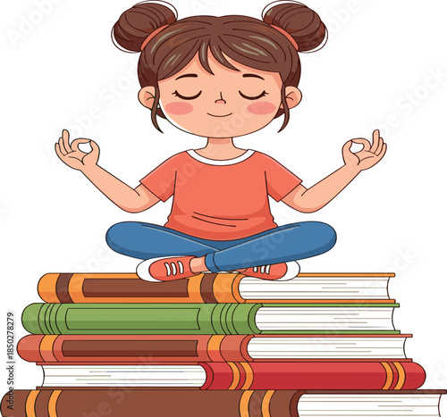 Cute Girl Meditating on Stack of Books Vector Illustration for Education, Mindfulness, Reading and Learning Concepts