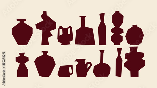 Burgundy ceramic objects in cut-out style. Decorative pottery illustration with bold shapes, folk inspired forms and modern graphic look.