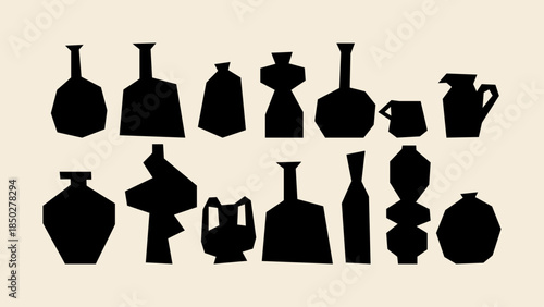 Black and white ceramic illustration in cut-out style. Minimal pottery shapes with graphic contrast, artistic handmade aesthetic.