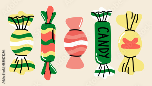 Bakery and candy sticker set in groovy doodle cartoon style. Vector sweet labels with desserts, candies and playful hand drawn elements.