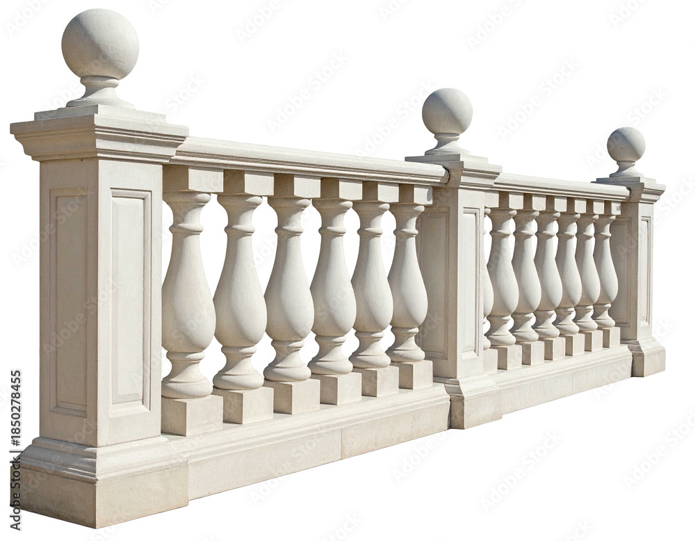 Fototapeta premium Ornate, white stone balustrade, featuring balusters, pillars, and sphere-topped posts