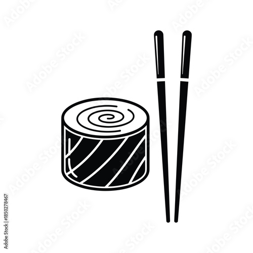 Sushi roll with chopsticks black white illustration