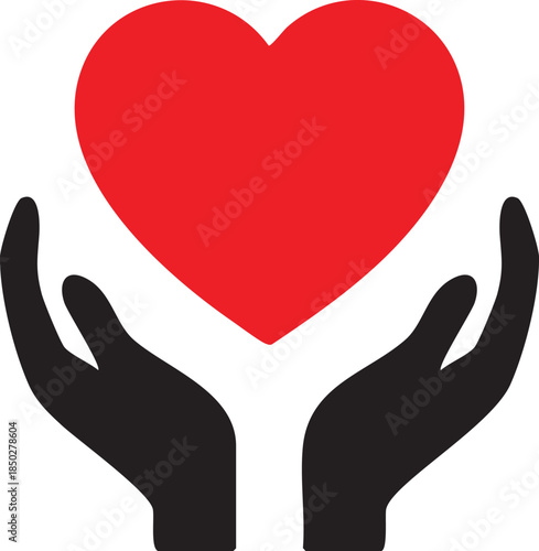 Silhouette icon of cupped hands holding heart symbol, ideal for charity, care, compassion, and emotional support themes
