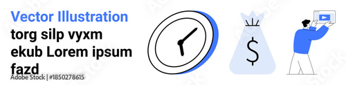 Clock indicating time, money bag representing savings, person presenting on screen. Ideal for time planning, financial growth, digital marketing, education, online tutorials, business strategy