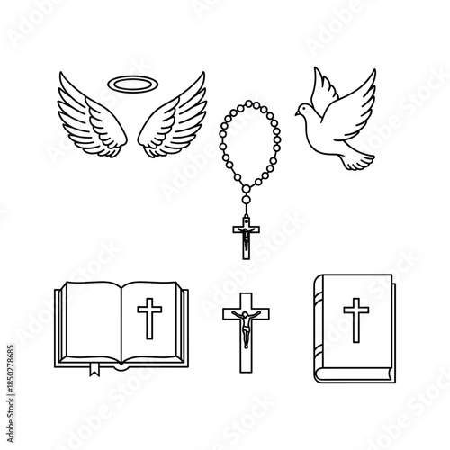 Christian symbols black line icons set