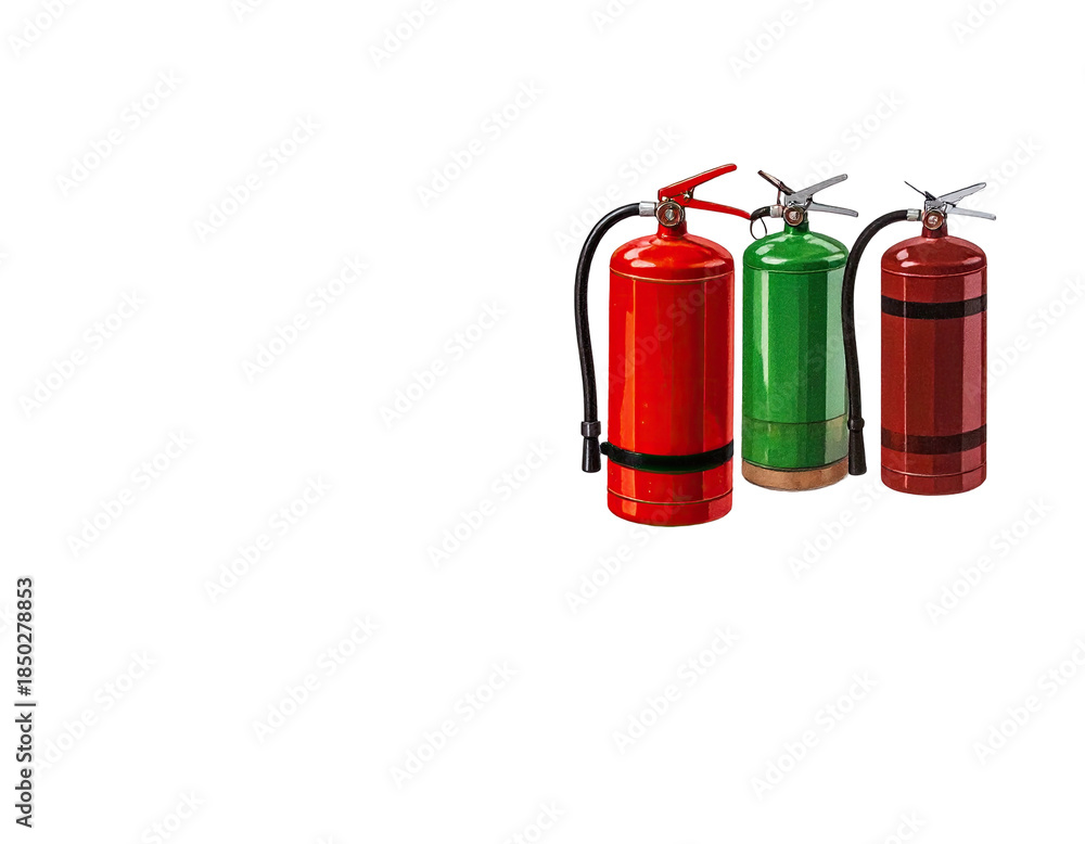 Obraz premium Three colorful fire extinguishers, red, green, and brown, arranged on black background