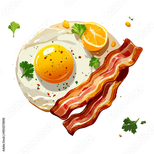 Healthy breakfast platter featuring fried egg bacon slices and fresh orange for balanced morning energy meal - Vector Illustration