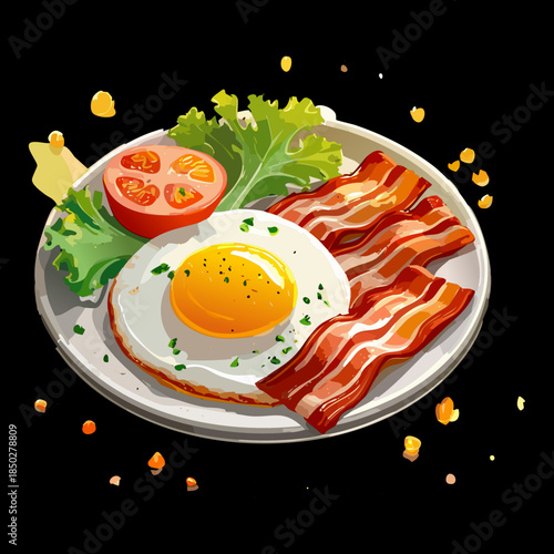 Nutritious morning breakfast with fried eggs crispy bacon and fresh tomato salad for healthy lifestyle menu - Vector Illustration