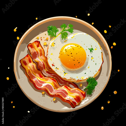 Classic breakfast plate with sunny side up egg and crispy bacon strips for morning cafe advertisement - Vector Illustration