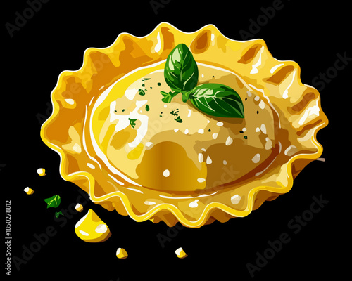 Traditional cheese ravioli pasta topped with creamy glaze and fresh basil for rustic italian kitchen theme - Vector Illustration