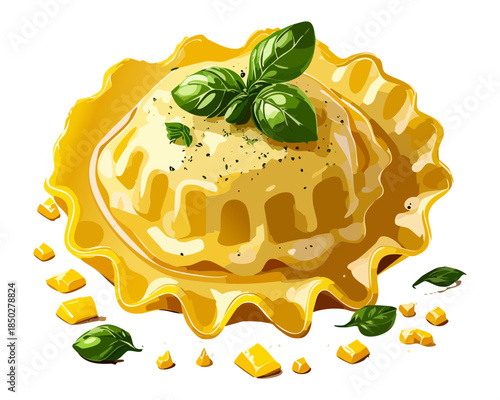 Homemade italian ravioli with rich cheese sauce and aromatic basil garnish for fine dining pasta menu - Vector Illustration