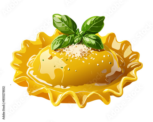 Italian ravioli pasta with creamy sauce and fresh basil leaf topping for authentic mediterranean dinner menu - Vector Illustration