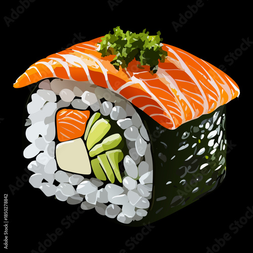 Premium salmon nigiri sushi with fresh herbs topping on dark background for elegant japanese restaurant - Vector Illustration