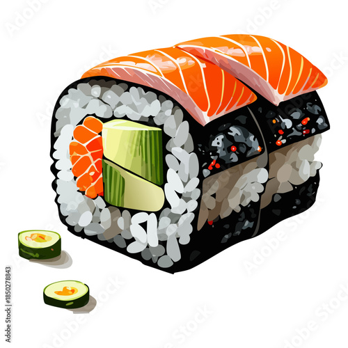 Delicious sushi roll pieces with fresh salmon cucumber and black sesame seeds for healthy snack option - Vector Illustration
