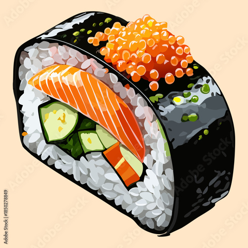 Large futomaki sushi roll filled with salmon cucumber and fish roe for traditional japanese cuisine advertisement - Vector Illustration
