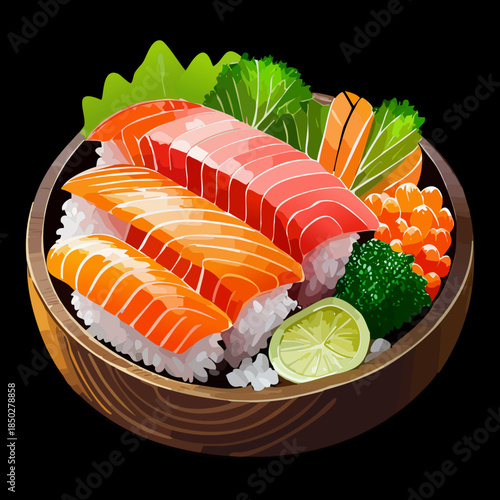 Authentic japanese sashimi bowl with fresh salmon slices tuna and vegetable garnish for premium seafood menu - Vector Illustration