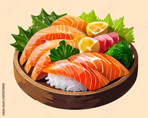 Fresh salmon and tuna nigiri sushi set with lemon garnish on wooden plate for healthy dining - Vector Illustration
