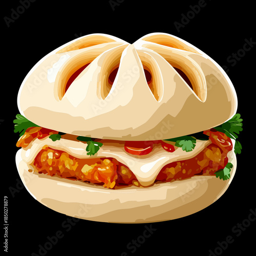 Soft steamed bun sandwich with savory filling and fresh lettuce for quick snack or lunch break - Vector Illustration